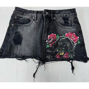 ED Hardy Panther Roses Jean Denim Mini Skirt Size XS Black Washed Distressed